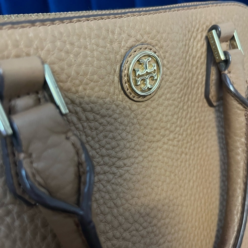Tory Burch Tan Pebbled Leather Satchel with Shoulder Strap — luxury handbag proportions and shape