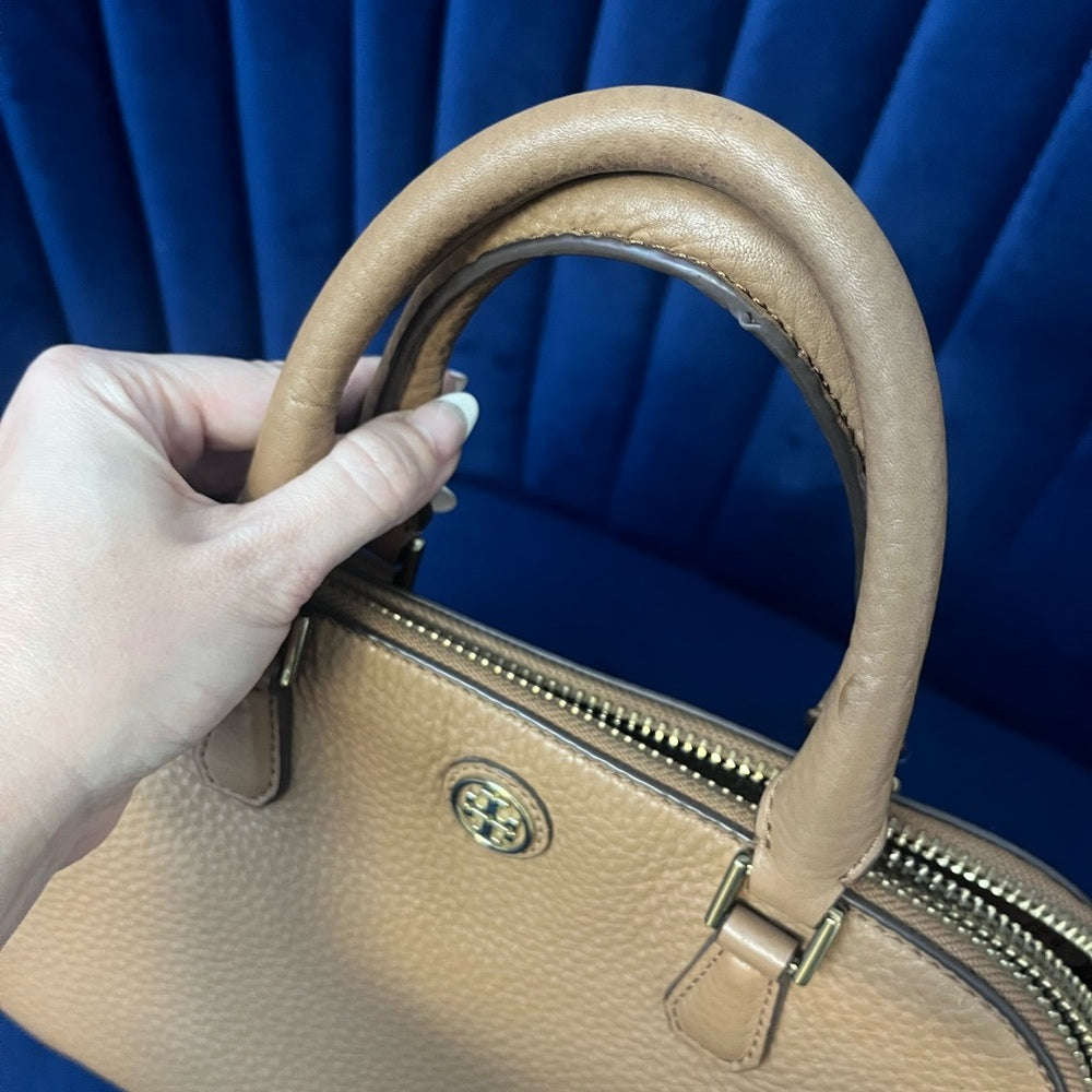 Tory Burch Tan Pebbled Leather Satchel with Shoulder Strap — corner piping and leather edge detail