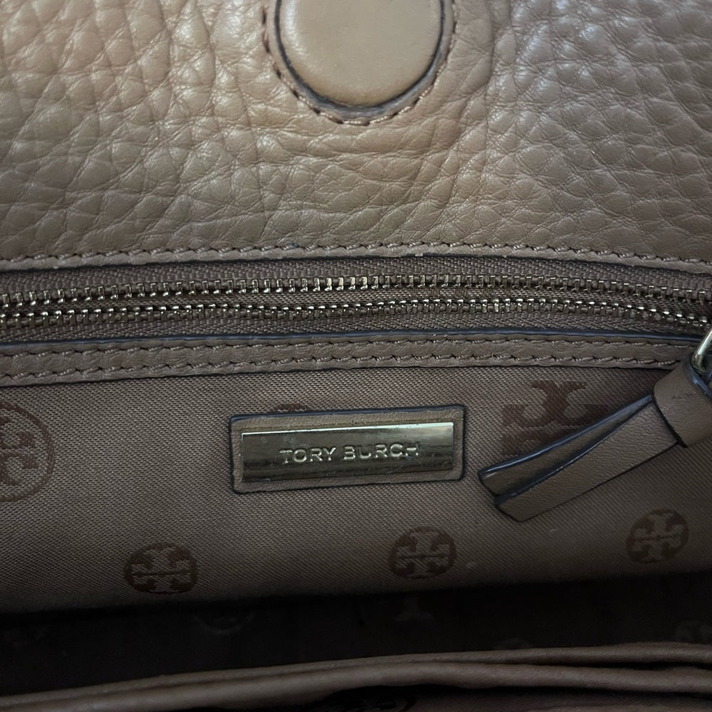 Tory Burch Tan Pebbled Leather Satchel with Shoulder Strap — natural leather grain and texture closeup