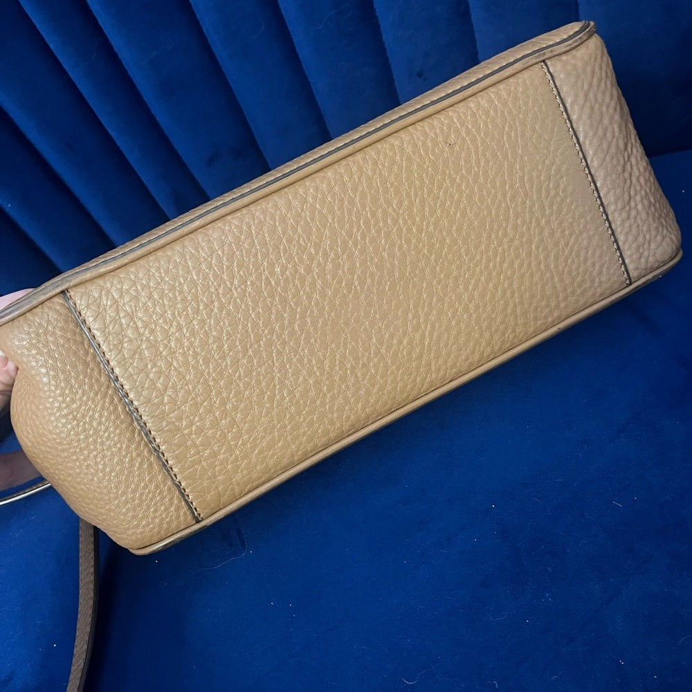 Tory Burch Tan Pebbled Leather Satchel with Shoulder Strap — exotic skin pattern and color variation