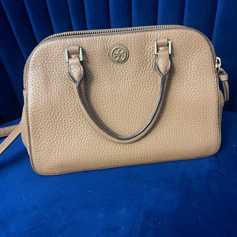 Tory Burch Tan Pebbled Leather Satchel with Shoulder Strap — luxury leather bag back panel construction