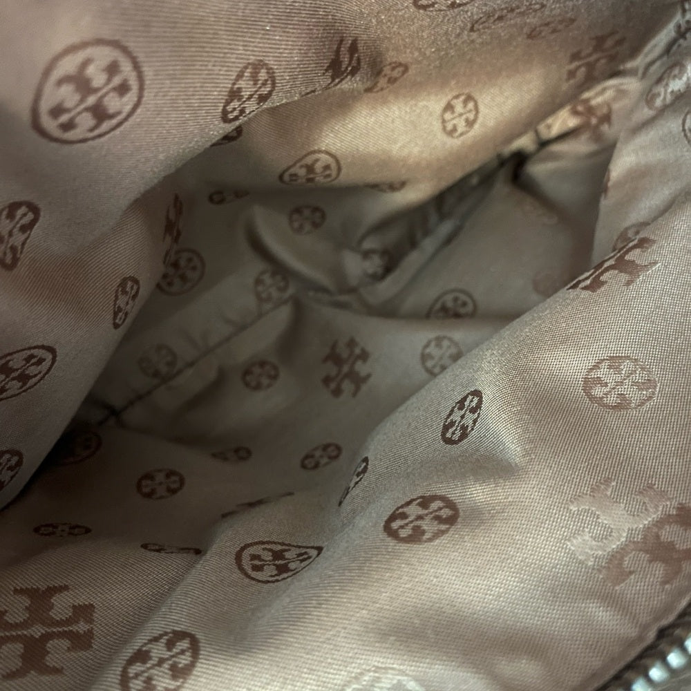 Tory Burch Tan Pebbled Leather Satchel with Shoulder Strap — top handle and shoulder strap attachment
