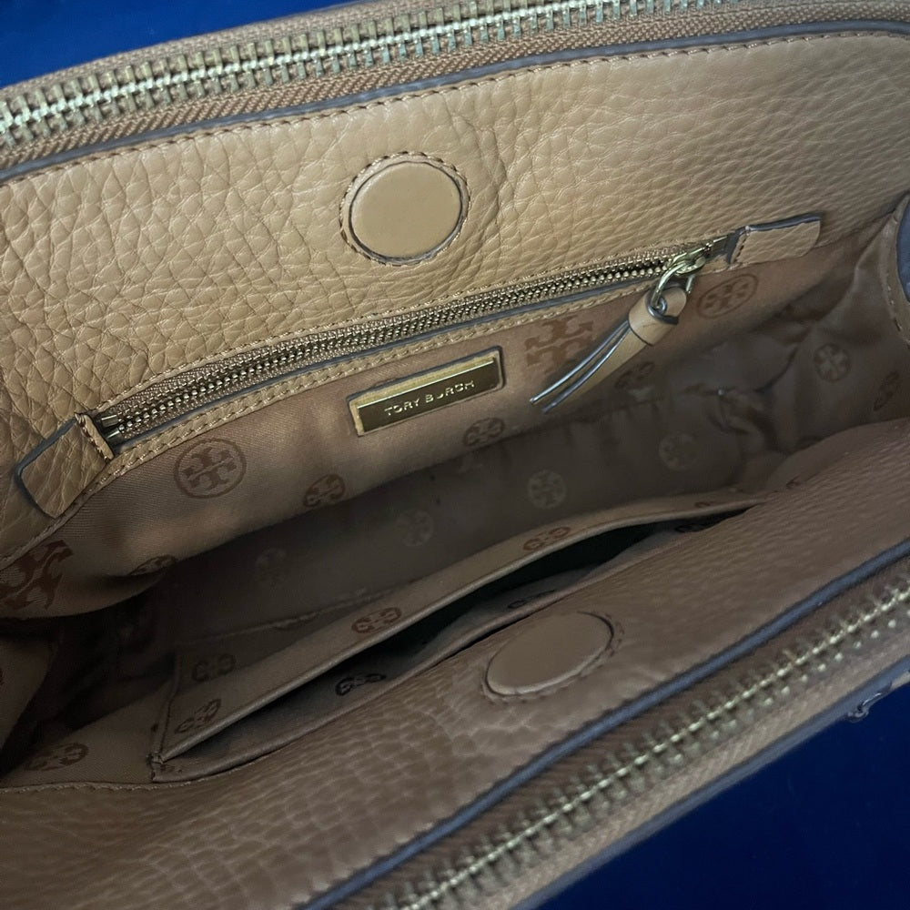 Tory Burch Tan Pebbled Leather Satchel with Shoulder Strap — handbag interior lining and storage