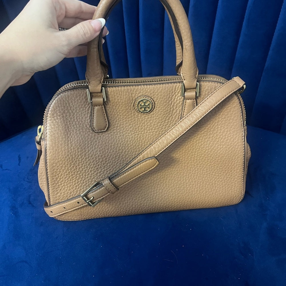 Tory Burch Tan Pebbled Leather Satchel with Shoulder Strap — interior pocket and designer label