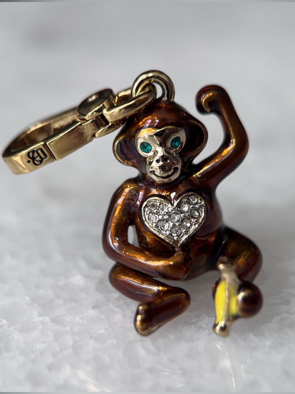 Juicy Couture Monkey Charm – Green Jeweled Eyes & Crystal Heart — vintage charm front detail