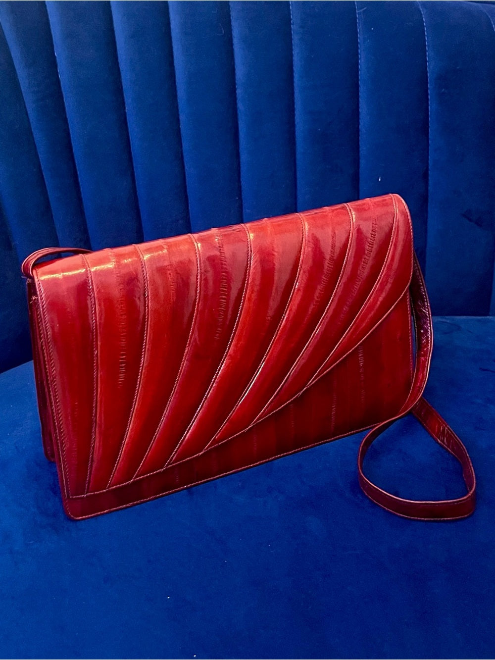 Vintage Red Eel Skin Clutch Textured Exotic Leather Structured Crossbody — signature designer hardware and metalwork