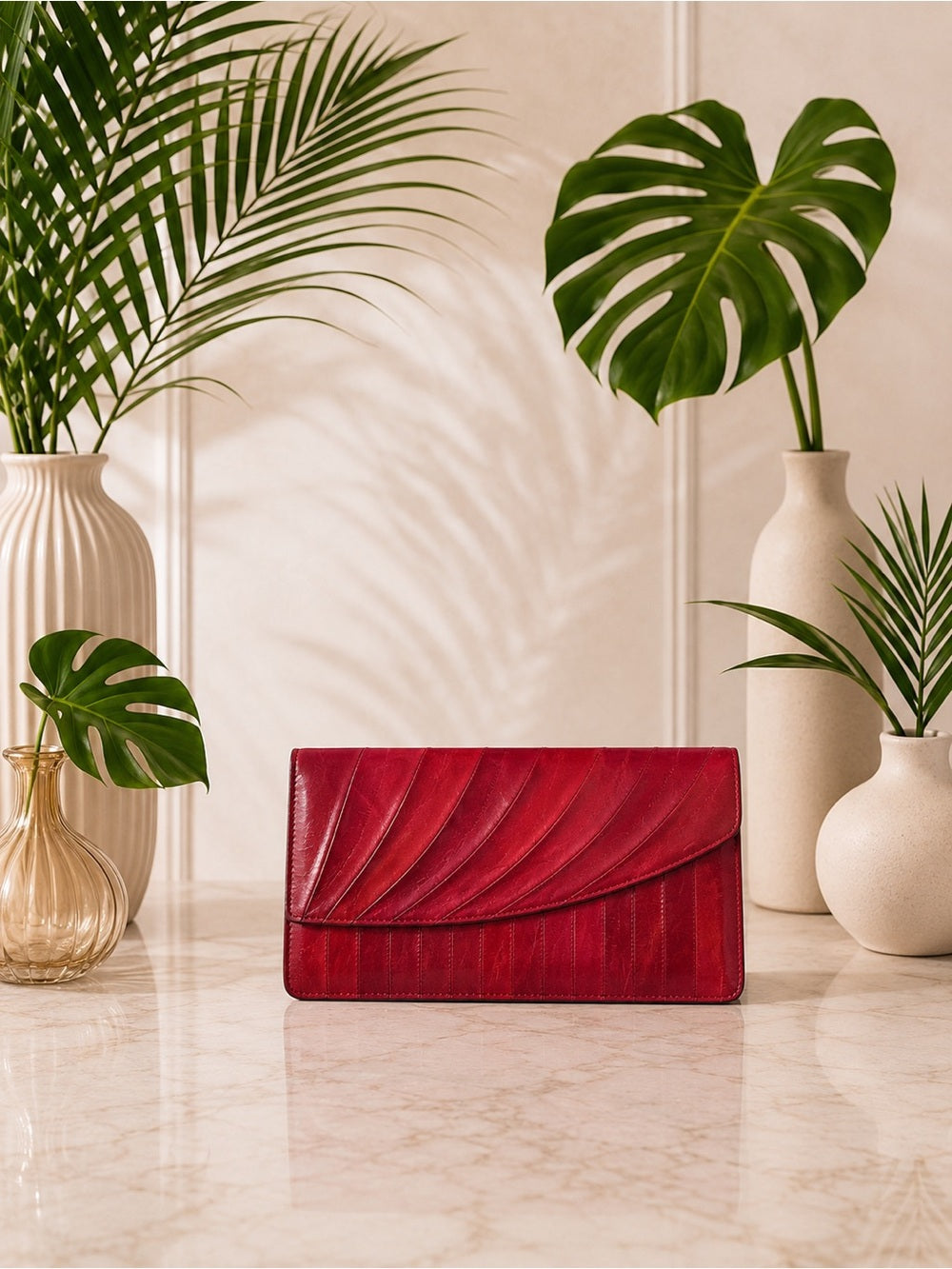 Vintage Red Eel Skin Clutch Textured Exotic Leather Structured Crossbody — luxury leather bag back panel construction