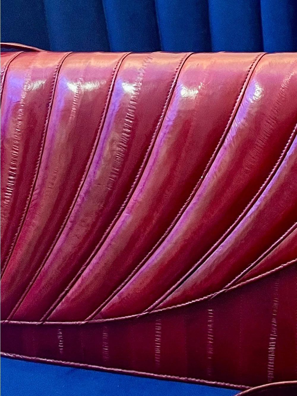 Vintage Red Eel Skin Clutch Textured Exotic Leather Structured Crossbody — top handle and shoulder strap attachment