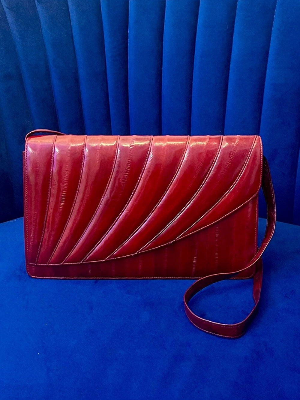 Vintage Red Eel Skin Clutch Textured Exotic Leather Structured Crossbody — handbag interior lining and storage