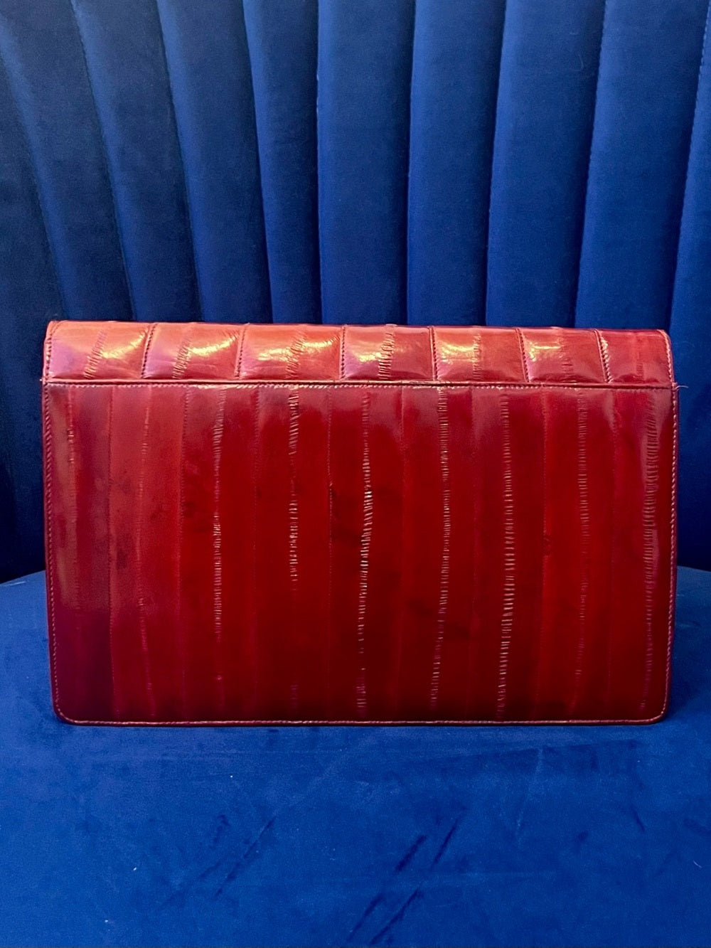 Vintage Red Eel Skin Clutch Textured Exotic Leather Structured Crossbody — luxury handbag proportions and shape